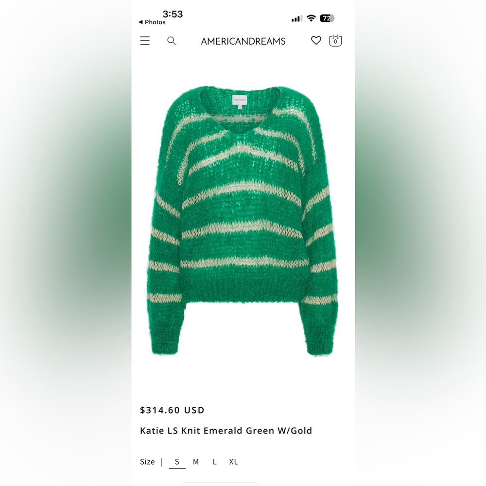 American Dreams Katie Green and Gold Striped 78% Mohair Sweater, Size XL